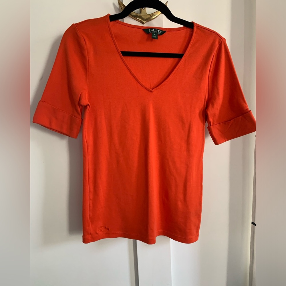 Lauren Ralph Lauren Women's Orange V-Neck Tee Top 100% Cotton Cuff Sleeve Sz M